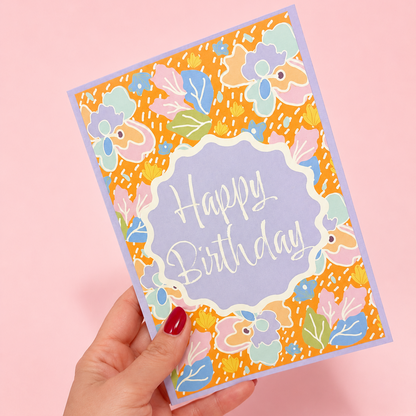 Garden Party Happy Birthday Card - Tangerine 5 x 7"