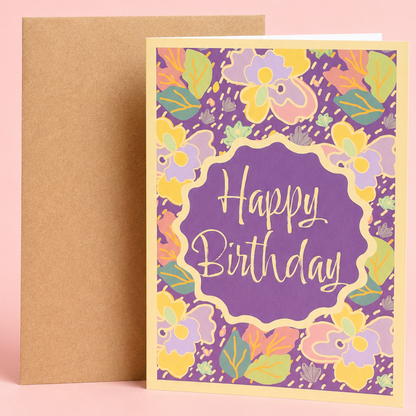 Garden Party Happy Birthday Card - Grape 5 x 7"